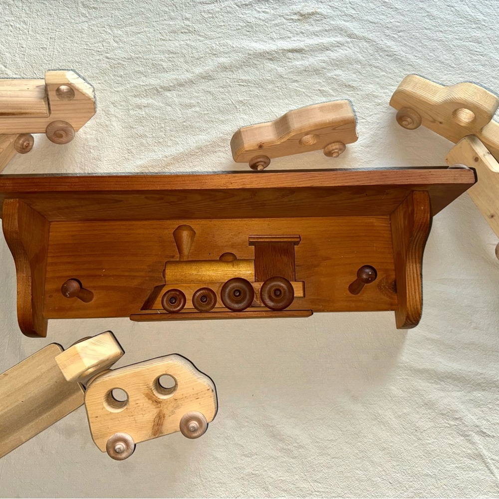 Handmade Vintage Wooden Train Shelf Brown